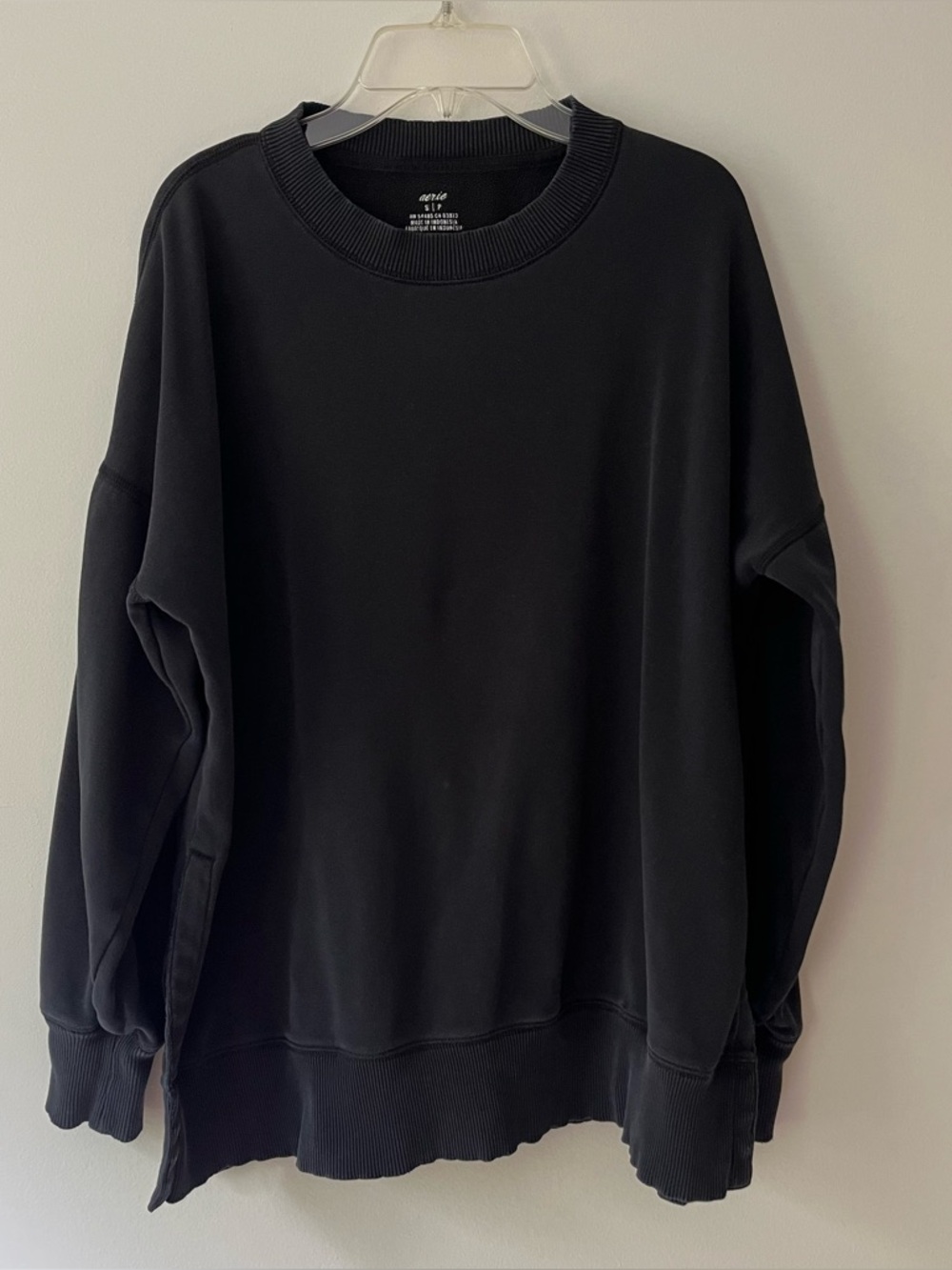 Aerie Oversized Crewneck Sweatshirt Small Black Fleece Lined
